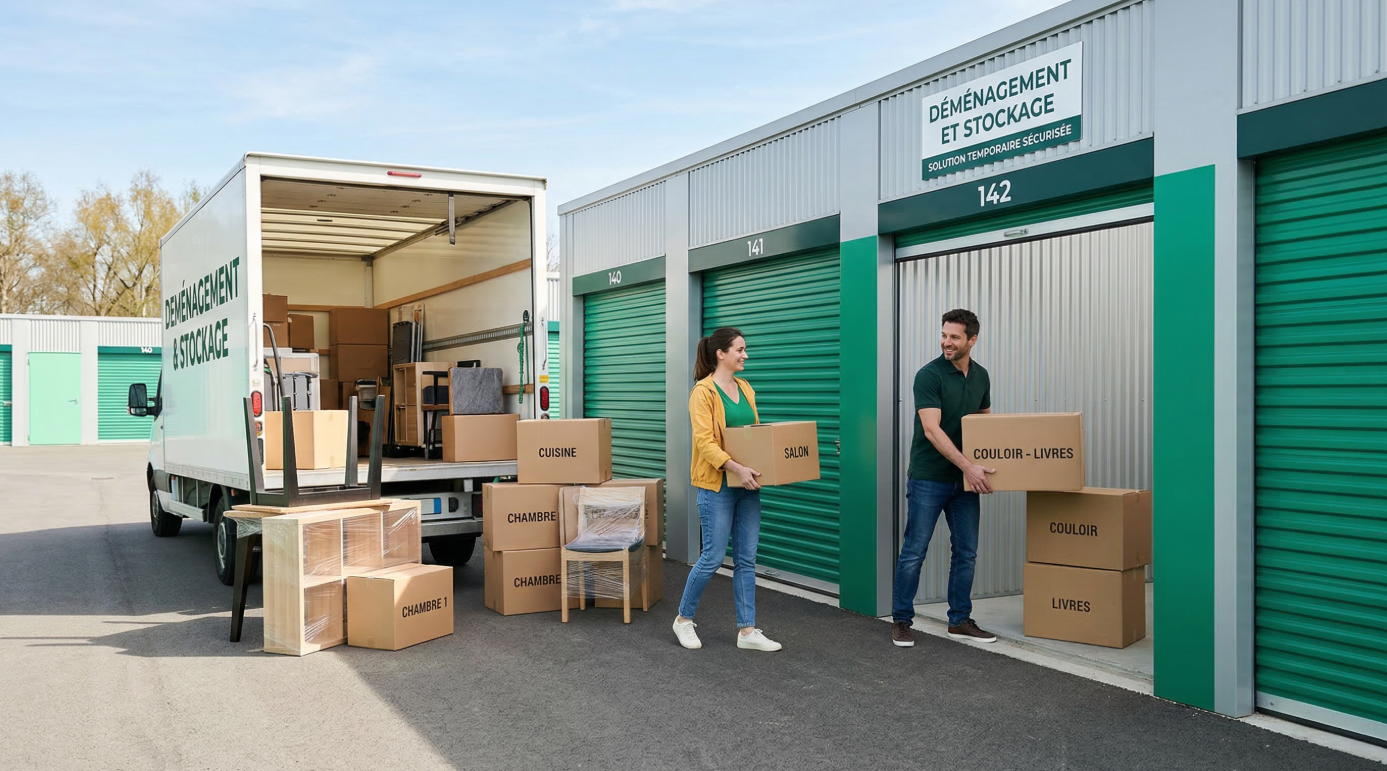Déménagement avec stockage temporaire de meubles et cartons dans un box sécurisé