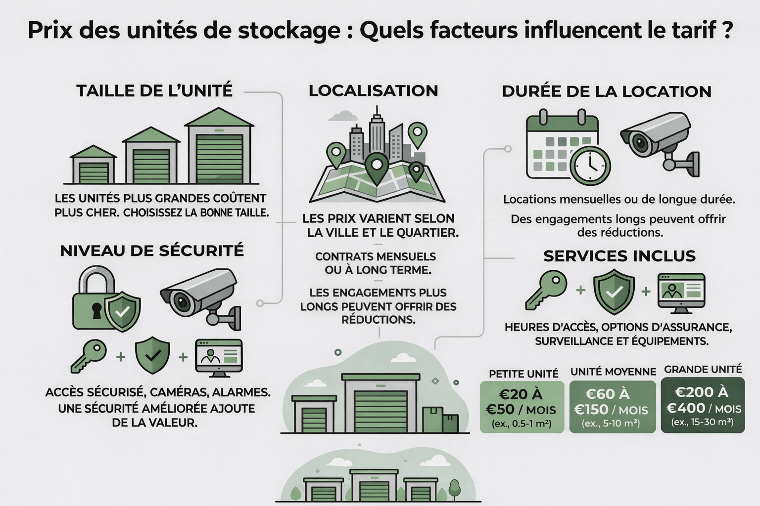 Infographie pédagogique montrant les facteurs qui influencent le prix d’un garde-meuble : taille du box, localisation, durée et sécurité