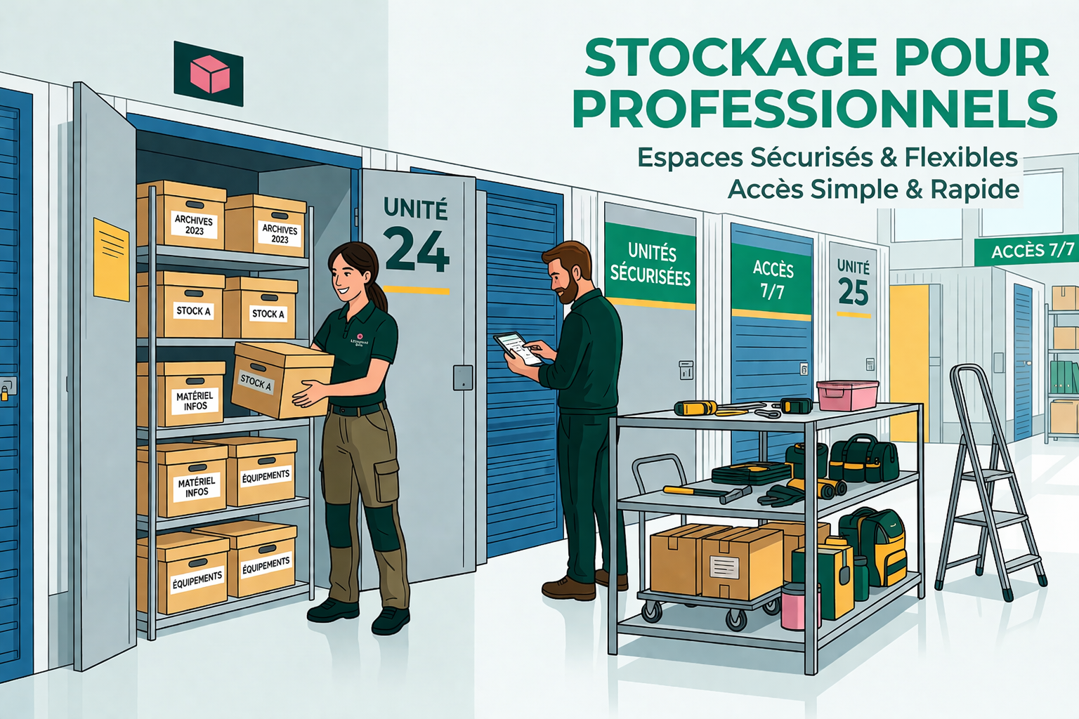 Espace de stockage professionnel avec box sécurisés pour entreprises et matériel entreposé